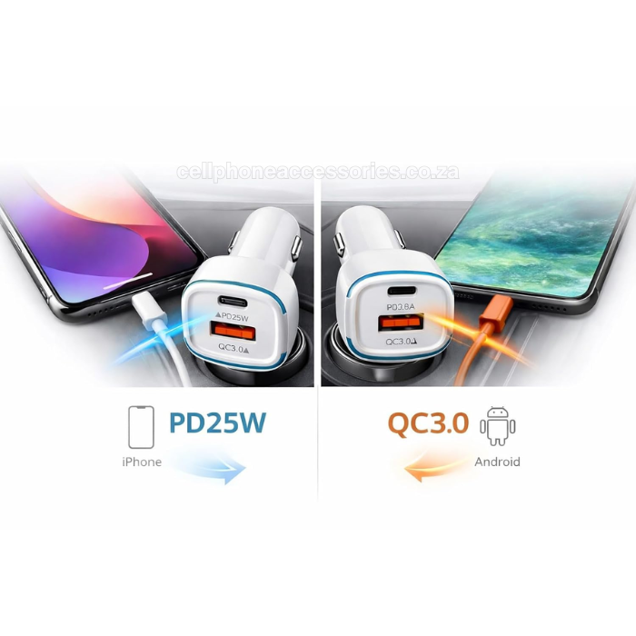 45W Dual Port Fast Car Charger USB-C PD 25W & QC3.0 Compatible with iPhone, Samsung, iPad & Android White