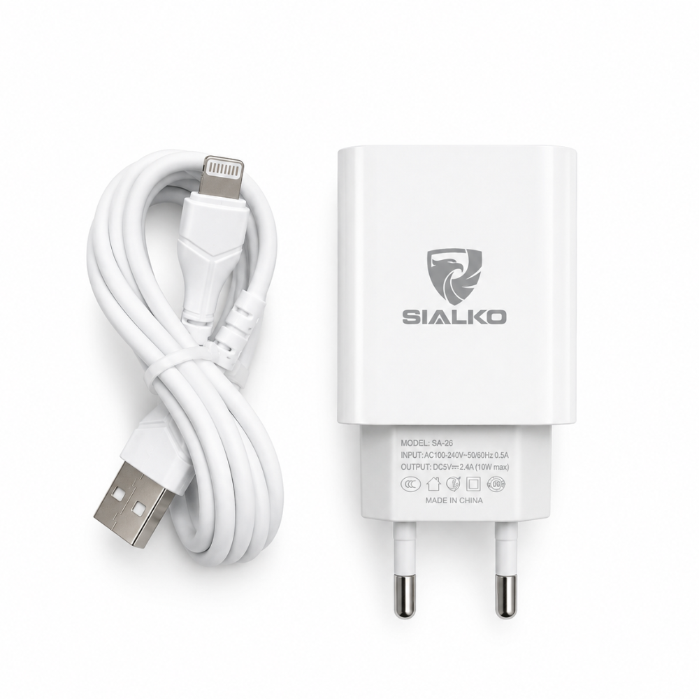 SIALKO 2.4A Dual USB Wall Charger with Lightning cable, compact design, and suitable for compatible Lightning devices - White