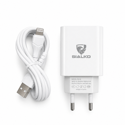 SIALKO 2.4A Dual USB Wall Charger with Lightning cable, compact design, and suitable for compatible Lightning devices - White