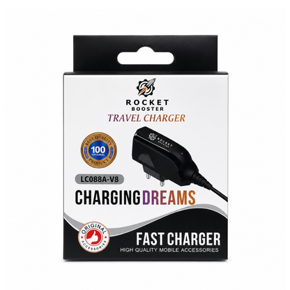 Micro USB Travel Charger with fixed Micro USB cable, EU plug, and compact design, Rocket Booster LC088A-V8 - Black