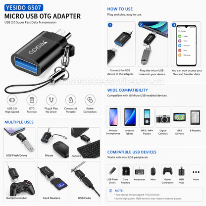 Yesido GS07 Micro USB OTG Adapter USB 2.0 Female Converter Compatible for Micro USB Smartphones & Tablets - Black