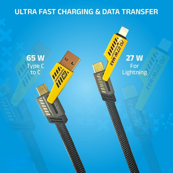 4-in-1 Fast Charging Cable Compatible for USB-A & USB-C to Type-C & Lightning Connector 65W Nylon Braided Black