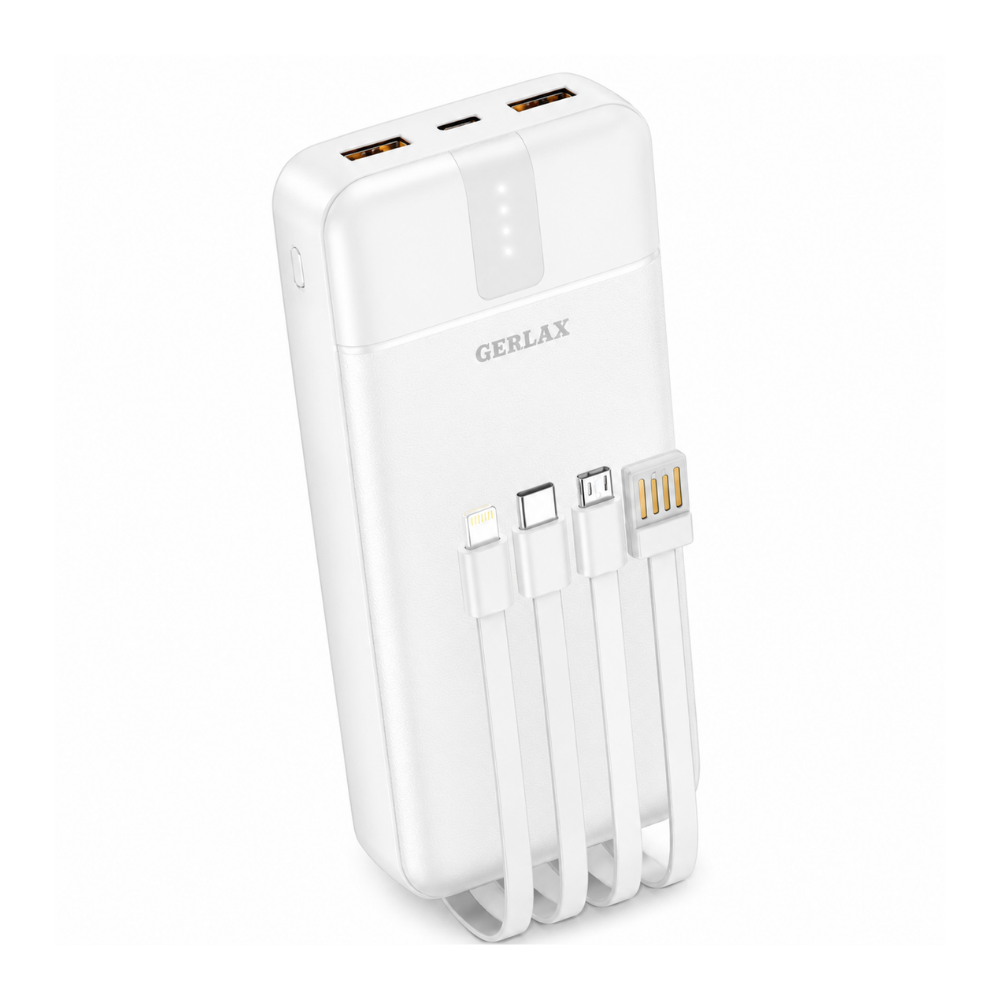 GERLAX P211 Portable Power Bank 20000mAh with Built-In USB-C, Lightning, Micro USB & USB Charging Cables - White