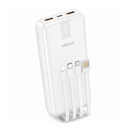 GERLAX P211 Portable Power Bank 20000mAh with Built-In USB-C, Lightning, Micro USB & USB Charging Cables - White