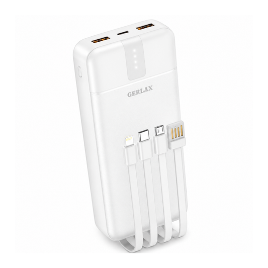 GERLAX P211 Portable Power Bank 20000mAh with Built-In USB-C, Lightning, Micro USB & USB Charging Cables - White