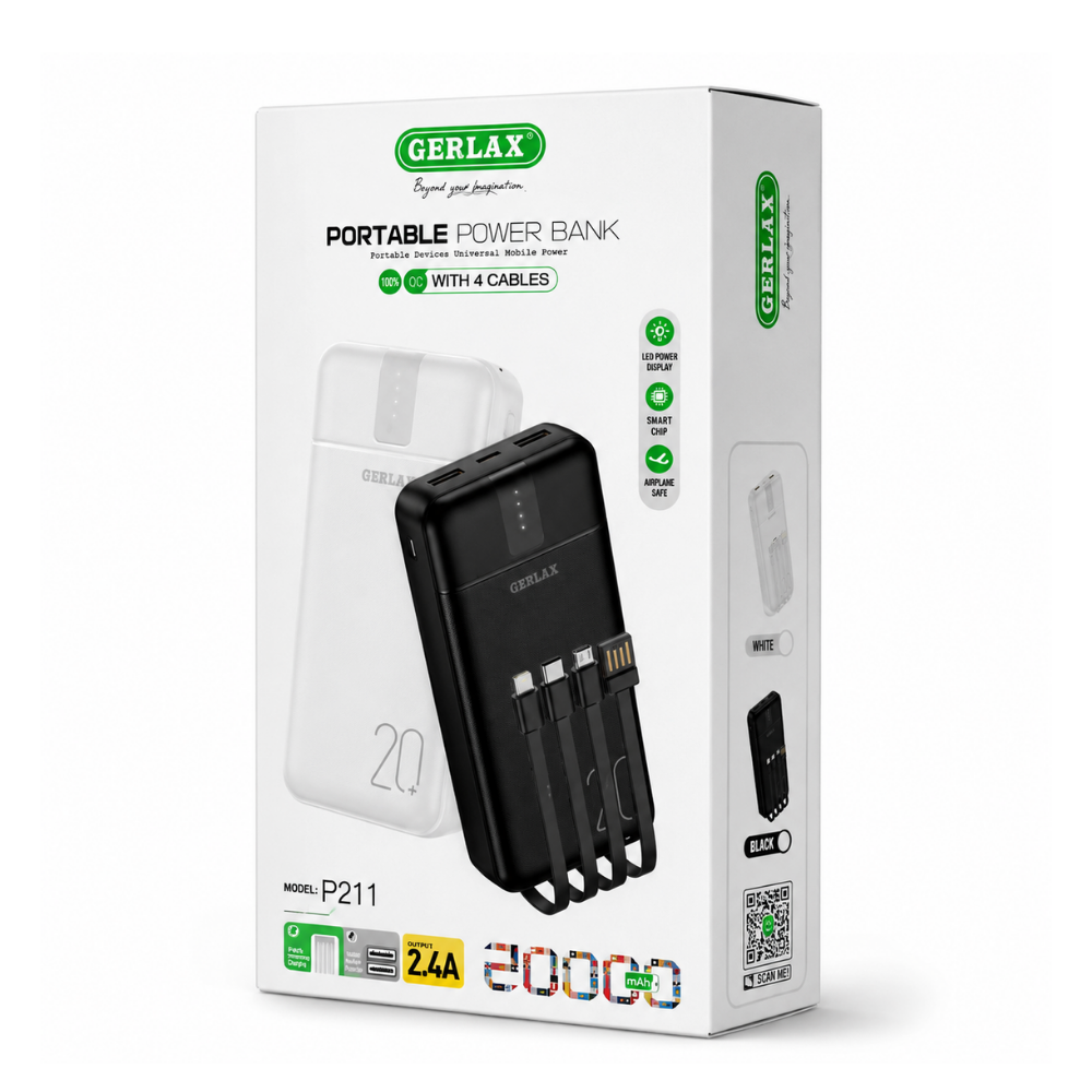 GERLAX P211 Portable Power Bank 20000mAh with Built-In USB-C, Lightning, Micro USB & USB Charging Cables - White