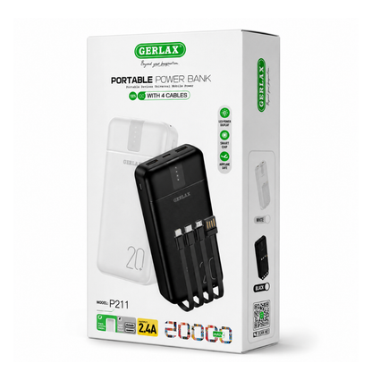 GERLAX P211 Portable Power Bank 20000mAh with Built-In USB-C, Lightning, Micro USB & USB Charging Cables - White