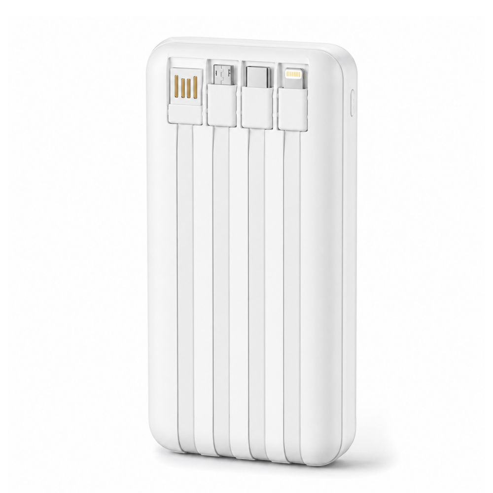 GERLAX P211 Portable Power Bank 20000mAh with Built-In USB-C, Lightning, Micro USB & USB Charging Cables - White