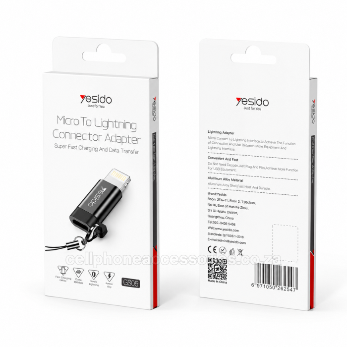 Yesido GS05 Micro USB to Lightning Adapter Converter Compatible for Lightning Devices Fast Charging & Data Transfer - Black