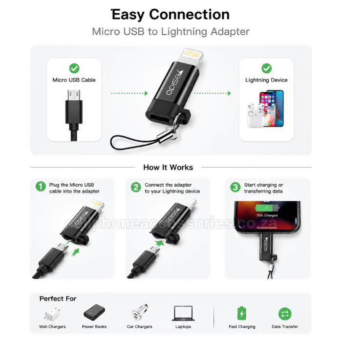 Yesido GS05 Micro USB to Lightning Adapter Converter Compatible for Lightning Devices Fast Charging & Data Transfer - Black