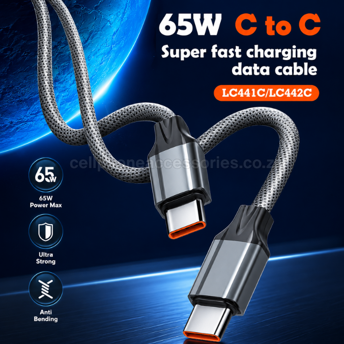 LDNIO LC441C USB-C to USB-C 65W PD Fast Charging Cable 1M, Braided Type-C Data Sync & Charging Cable for Smartphones, Tablets, Laptops and USB-C Devices - Grey