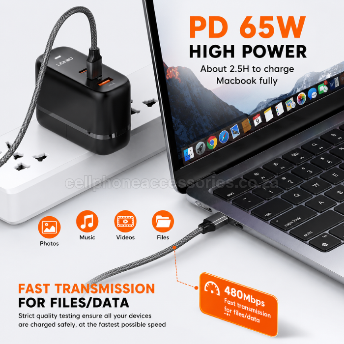 LDNIO LC441C USB-C to USB-C 65W PD Fast Charging Cable 1M, Braided Type-C Data Sync & Charging Cable for Smartphones, Tablets, Laptops and USB-C Devices - Grey