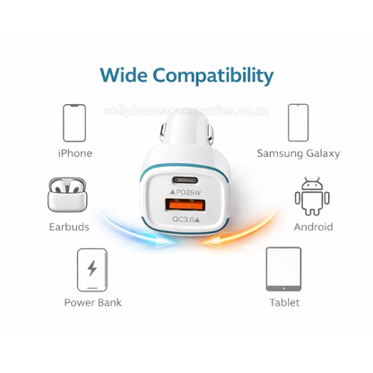 45W Dual Port Fast Car Charger USB-C PD 25W & QC3.0 Compatible with iPhone, Samsung, iPad & Android White