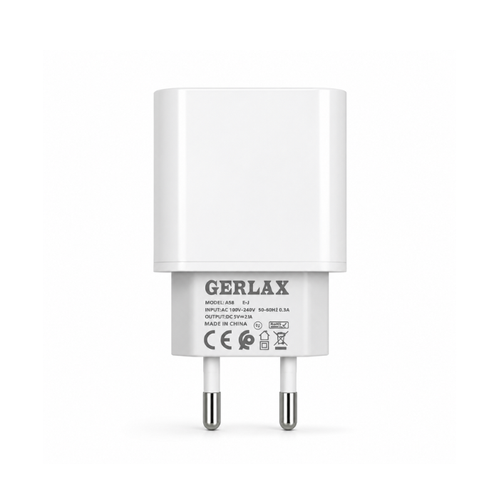 GERLAX USB-C Wall Charger 2.1A with EU plug. Compact white charging adapter for compatible USB-C devices - White