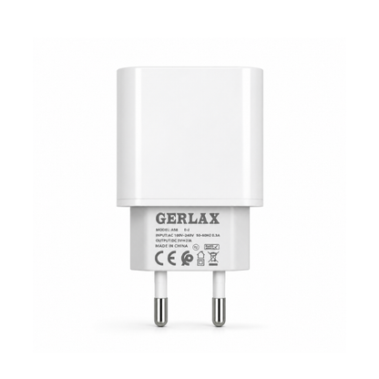 GERLAX USB-C Wall Charger 2.1A with EU plug. Compact white charging adapter for compatible USB-C devices - White