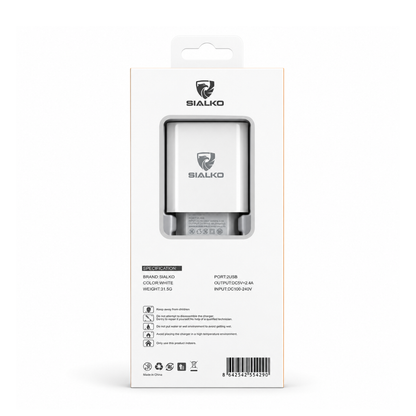 SIALKO 2.4A Dual USB Wall Charger with Lightning cable, compact design, and suitable for compatible Lightning devices - White