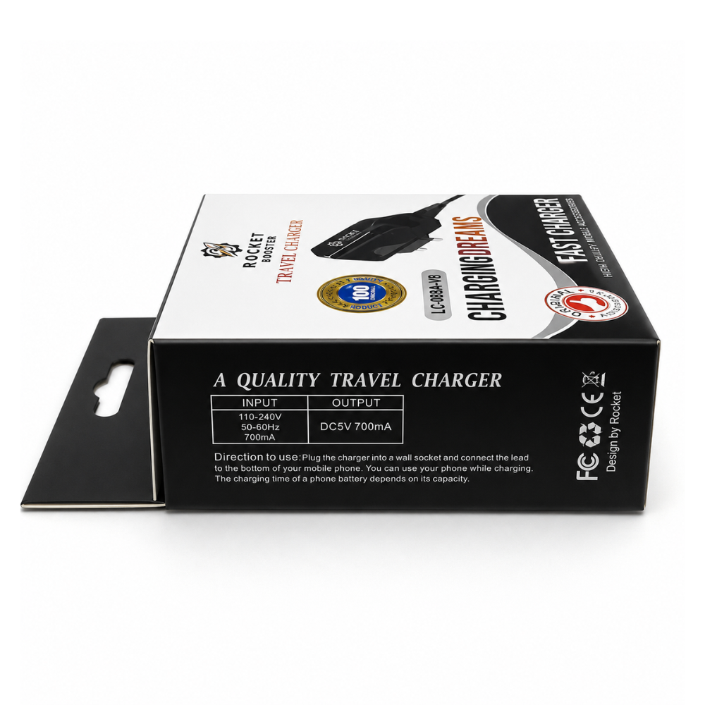 Micro USB Travel Charger with fixed Micro USB cable, EU plug, and compact design, Rocket Booster LC088A-V8 - Black