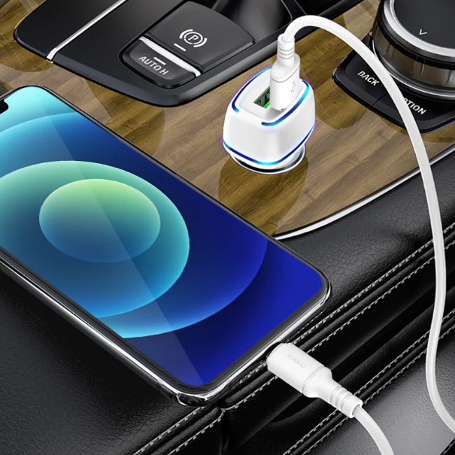 KAKU Dual USB Car Charger with Type-C Cable Compatible for Android Devices – White