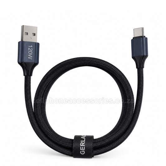 GERLAX GD-70T USB-A to USB-C 120W Fast Charging Data Cable 1M, Nylon Braided Type-C Charger Cable Compatible with Android Smartphones, Tablets and USB-C Devices - Black