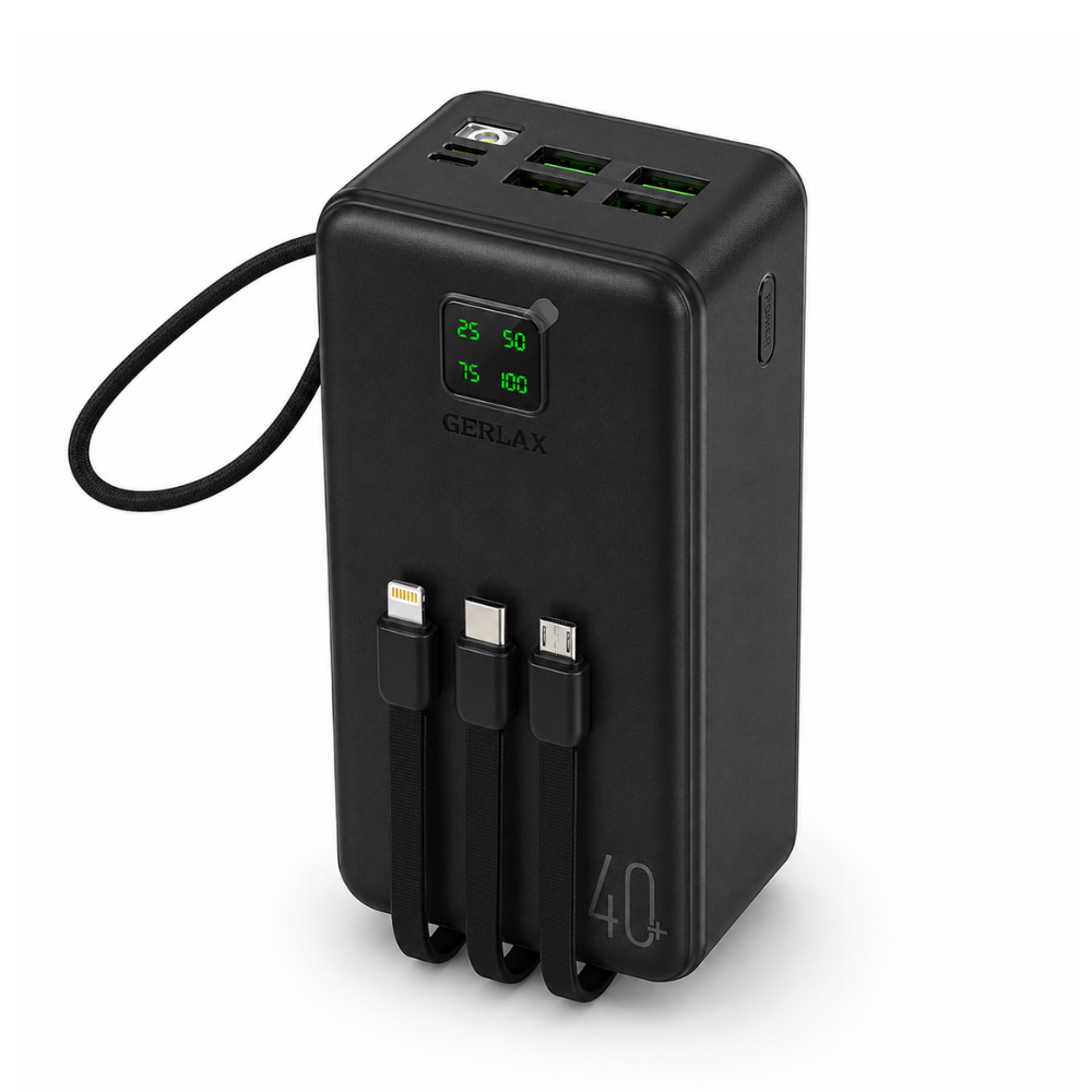 GERLAX GP-423 40000mAh 4 USB Power Bank with Built-in 3-in-1 Charging Cables & Digital Display – Black