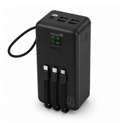 GERLAX GP-423 40000mAh 4 USB Power Bank with Built-in 3-in-1 Charging Cables & Digital Display – Black