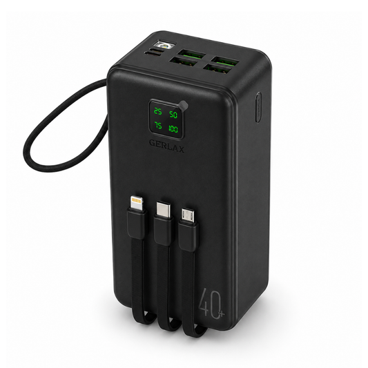 GERLAX GP-423 40000mAh 4 USB Power Bank with Built-in 3-in-1 Charging Cables & Digital Display – Black
