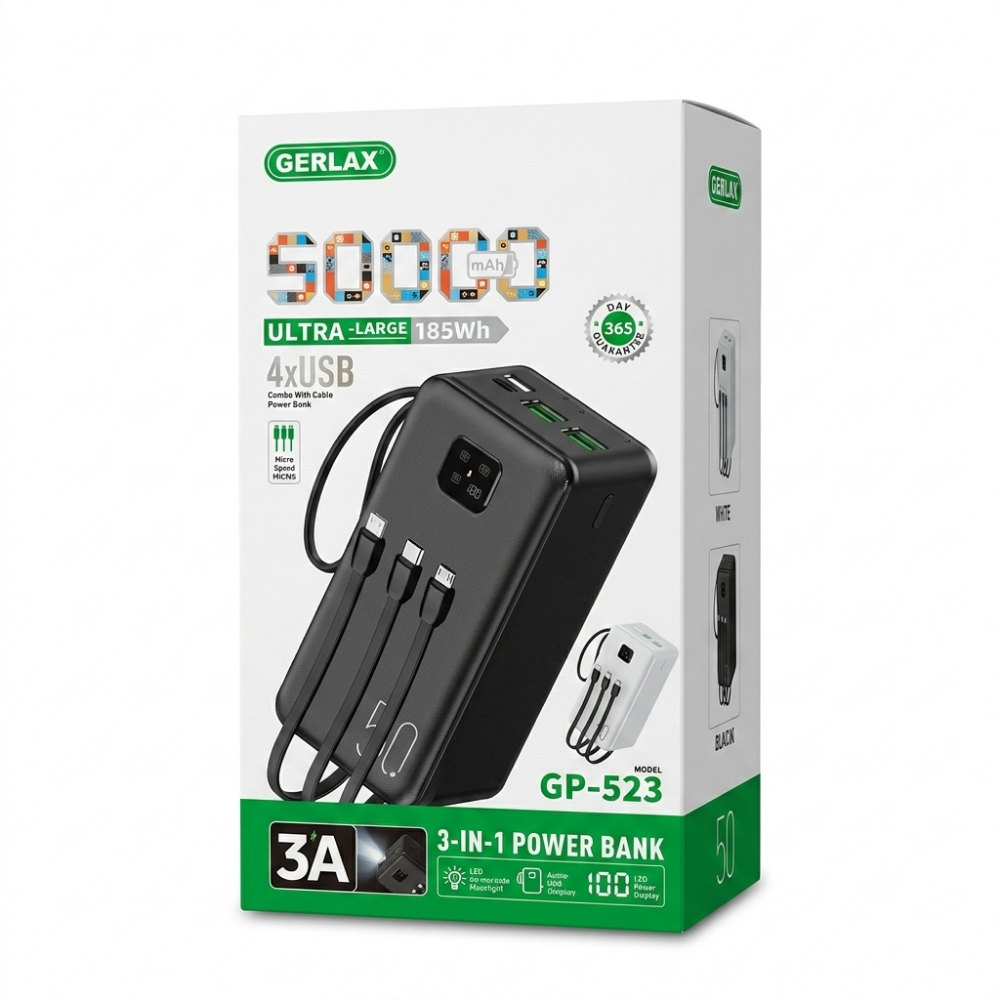 GERLAX GP-523 50000mAh 4 USB Power Bank with Built-in 3-in-1 Charging Cables & Digital Display – White