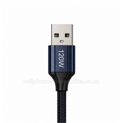 GERLAX GD-70T USB-A to USB-C 120W Fast Charging Data Cable 1M, Nylon Braided Type-C Charger Cable Compatible with Android Smartphones, Tablets and USB-C Devices - Black