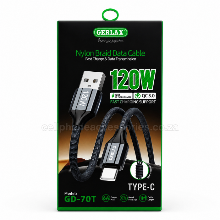 GERLAX GD-70T USB-A to USB-C 120W Fast Charging Data Cable 1M, Nylon Braided Type-C Charger Cable Compatible with Android Smartphones, Tablets and USB-C Devices - Black
