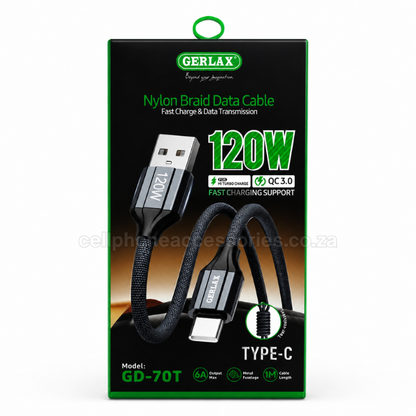 GERLAX GD-70T USB-A to USB-C 120W Fast Charging Data Cable 1M, Nylon Braided Type-C Charger Cable Compatible with Android Smartphones, Tablets and USB-C Devices - Black