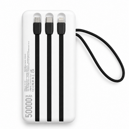GERLAX GP-523 50000mAh 4 USB Power Bank with Built-in 3-in-1 Charging Cables & Digital Display – White