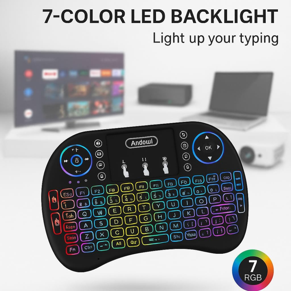 Andowl Q-K07 RGB Wireless Mini Keyboard with Touchpad, 2.4G & Bluetooth, Black