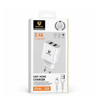 SIALKO 2.4A Dual USB Wall Charger with Lightning cable, compact design, and suitable for compatible Lightning devices - White