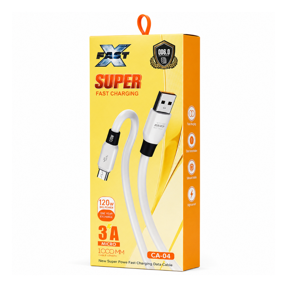 120W USB-A to Micro USB fast charging cable with 3A output and 1m length. Ideal for compatible Android phones, tablets and Micro USB devices - White