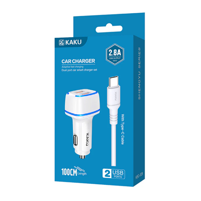 KAKU Dual USB Car Charger with Type-C Cable Compatible for Android Devices – White