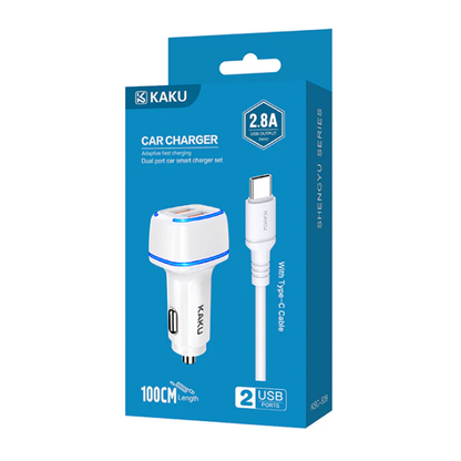 KAKU Dual USB Car Charger with Type-C Cable Compatible for Android Devices – White