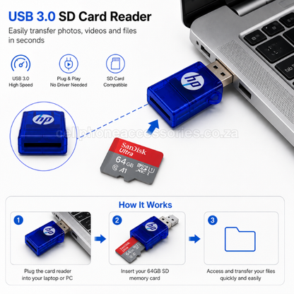 USB 3.0 SD Card Reader Memory Card Adapter High-Speed Plug & Play Data Transfer Blue
