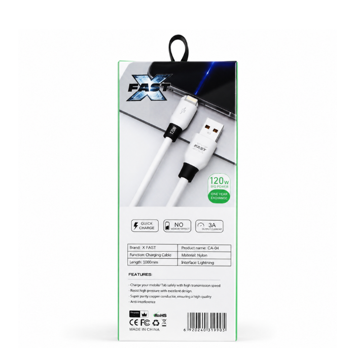X FAST CA-04 USB-A to Lightning Charging and Data Cable, 1000mm Length, 3A Output Current, White, Compatible with Lightning Devices