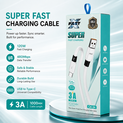 120W USB-A to USB-C fast charging cable. 1m length, 3A charging and data transfer - white