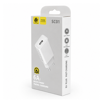 USB wall charger with EU plug and USB-A output - SASATHREE SC01 White, Compact white travel charger for compatible USB-powered devices