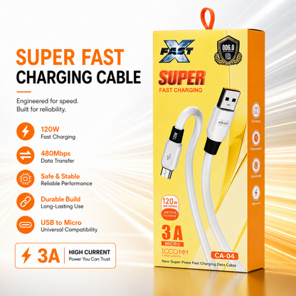 120W USB-A to Micro USB fast charging cable with 3A output and 1m length. Ideal for compatible Android phones, tablets and Micro USB devices - White