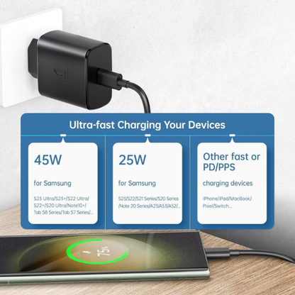 45W USB-C PD Super Fast Charging Adapter Compatible for Samsung & USB-C Devices Black