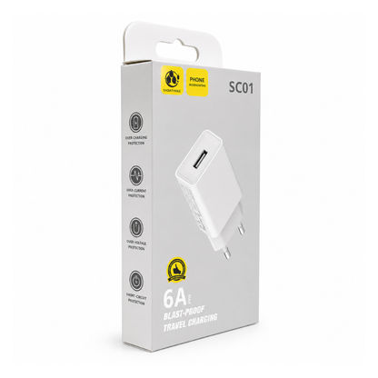 USB wall charger with EU plug and USB-A output - SASATHREE SC01 White, Compact white travel charger for compatible USB-powered devices