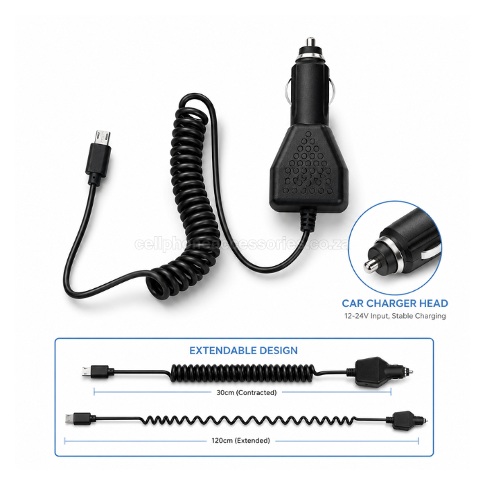 Micro USB Extendable Car Charger Compatible for Mobile Devices – Black