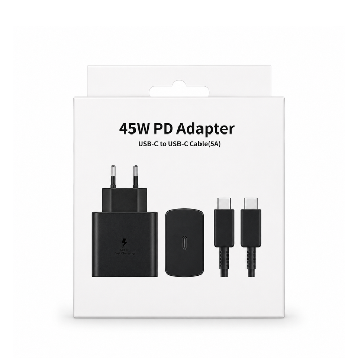 45W USB-C PD Fast Charging Travel Adapter with USB-C to USB-C 5A Cable – Black