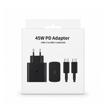 45W USB-C PD Fast Charging Travel Adapter with USB-C to USB-C 5A Cable – Black