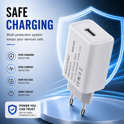 USB wall charger with EU plug and USB-A output - SASATHREE SC01 White, Compact white travel charger for compatible USB-powered devices