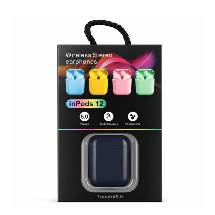 inPods 12 Wireless Stereo Earphones with Type-C Charging Case Compatible Bluetooth Earbuds – Peach Pink, Navy Blue & Mint Green