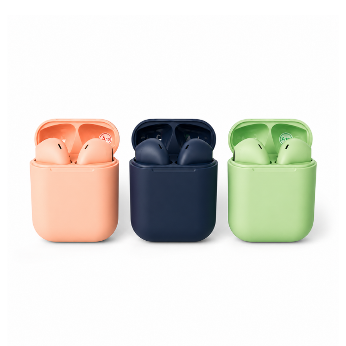 inPods 12 Wireless Stereo Earphones with Type-C Charging Case Compatible Bluetooth Earbuds – Peach Pink, Navy Blue & Mint Green
