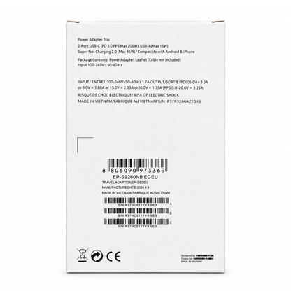 Compatible Samsung AI 200W PD Power Adapter Trio USB-C & USB-A Wall Charger – White / Black